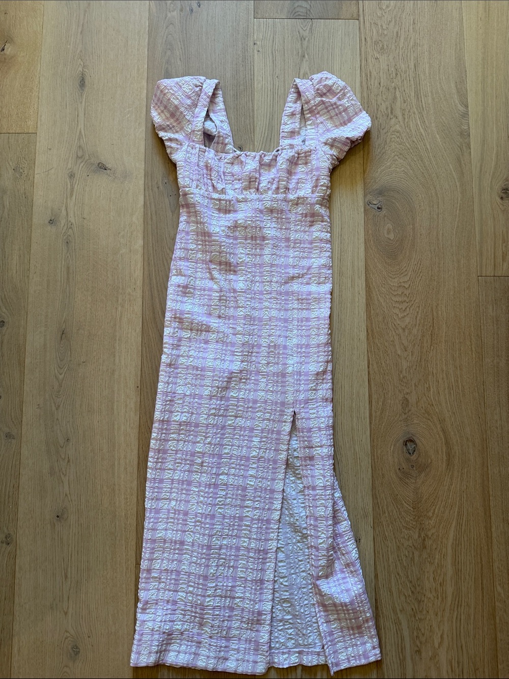 Pink Plaid Textured Puff-Sleeve Maxi Dress